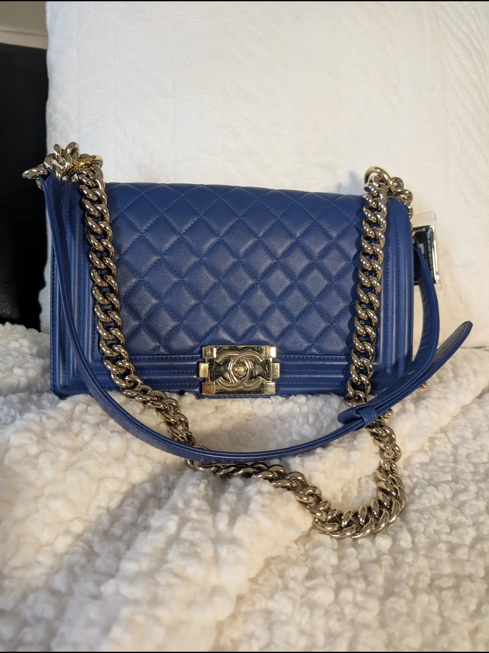 CHANEL Blue Quilted boy Shoulder Bag Gold Hardware Chain Strap CC